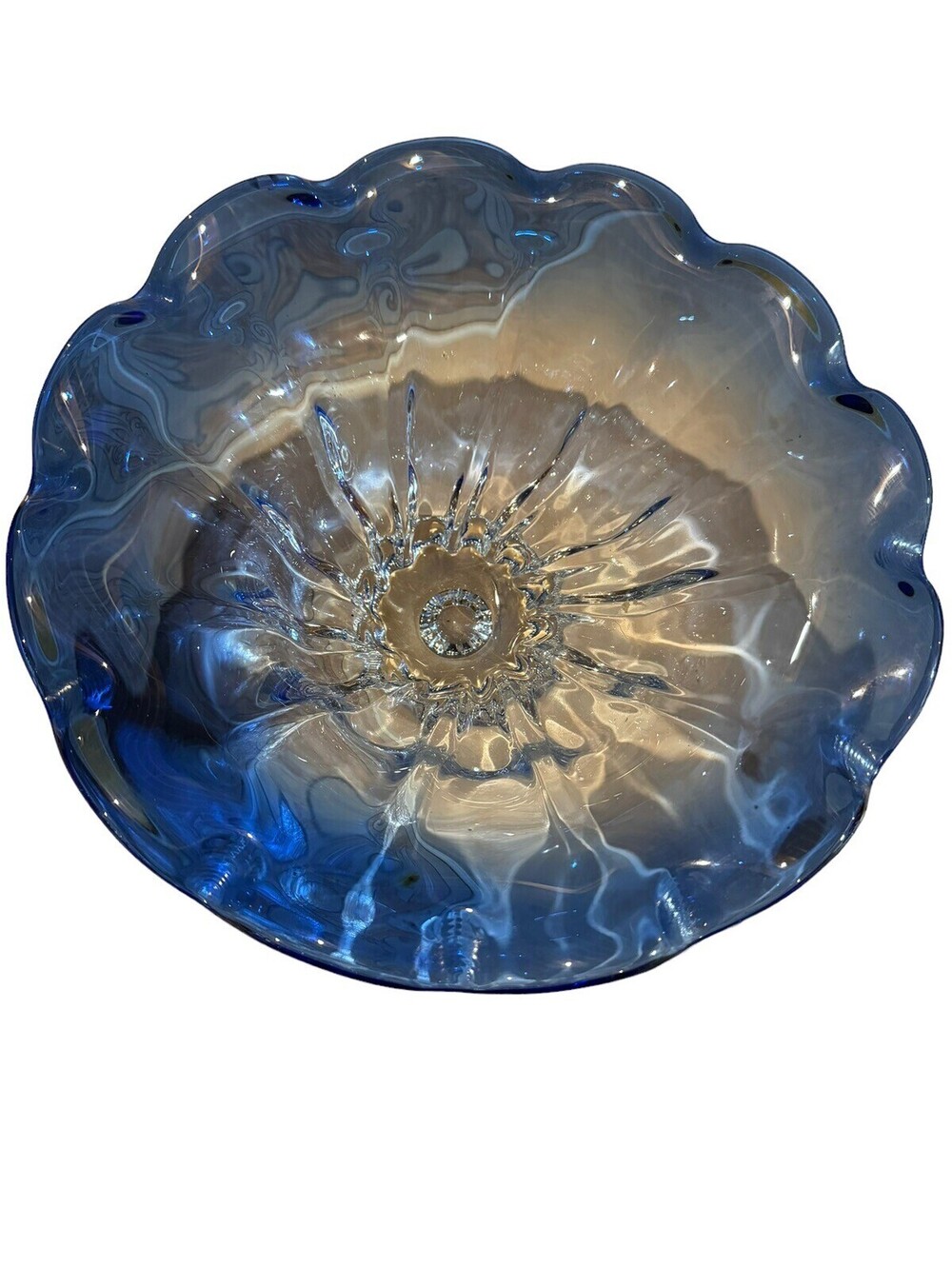 Vintage Blue Blown Glass Bowl 12” Across 6” H